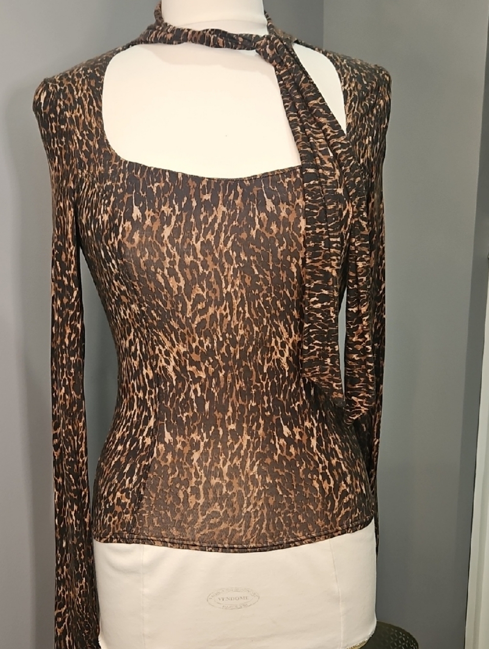 Free People Brown Leopard-Print Long-Sleeve Tie-Neck Top